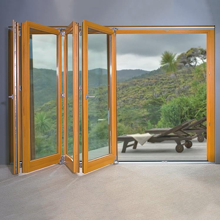 Baie coulissante-pliante Bois vue de l'intérieur