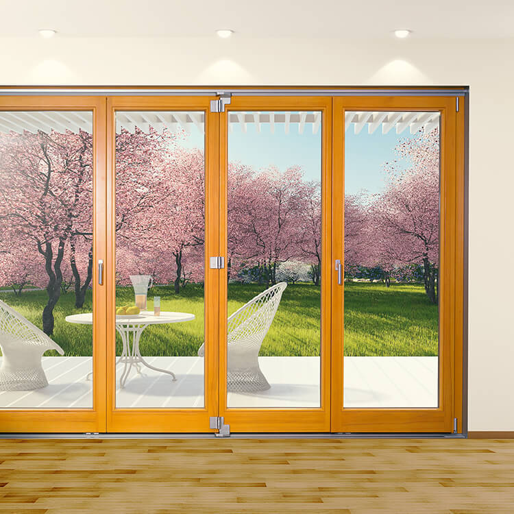 Vue à travers une baie accordéon fermée en bois-aluminium
