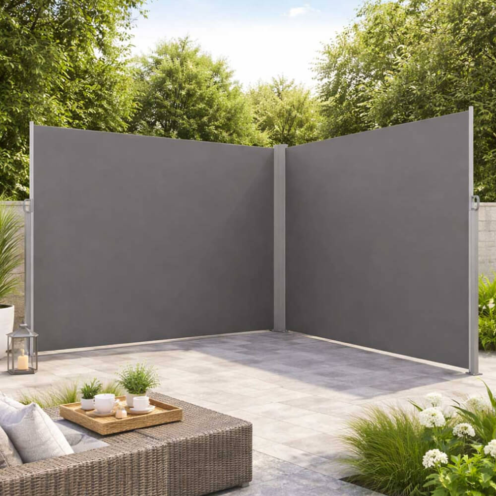Brise-vue rétractable d'angle gris pour terrasse