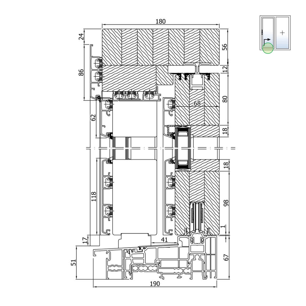 Baie soulevante coulissante Idealu IV68 Schéma A Hauteur section avec seuil 67mm