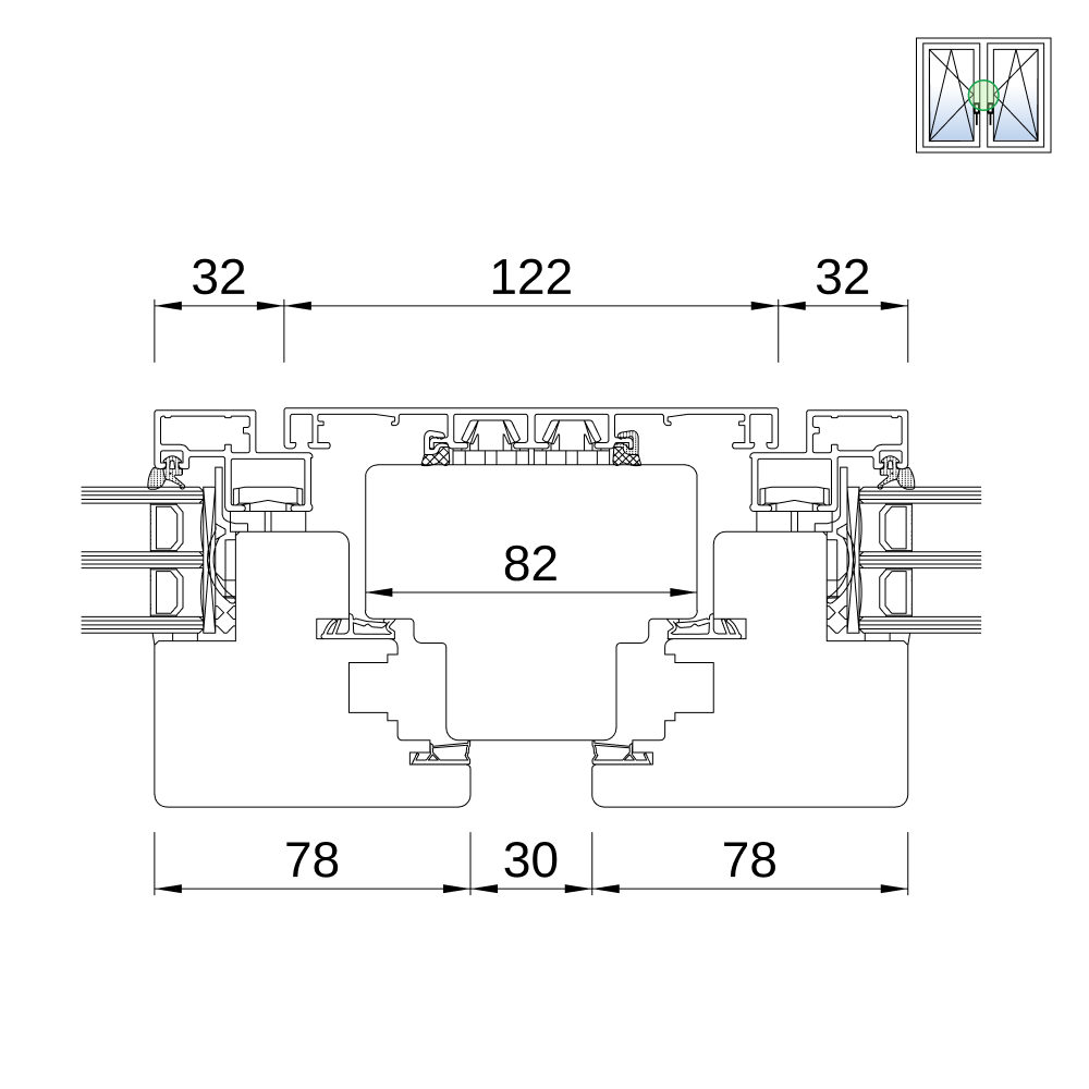 Fenêtre IDEAL Plano 68 – coupe du montant central Fenêtre IDEAL Plano 68 – coupe du montant central