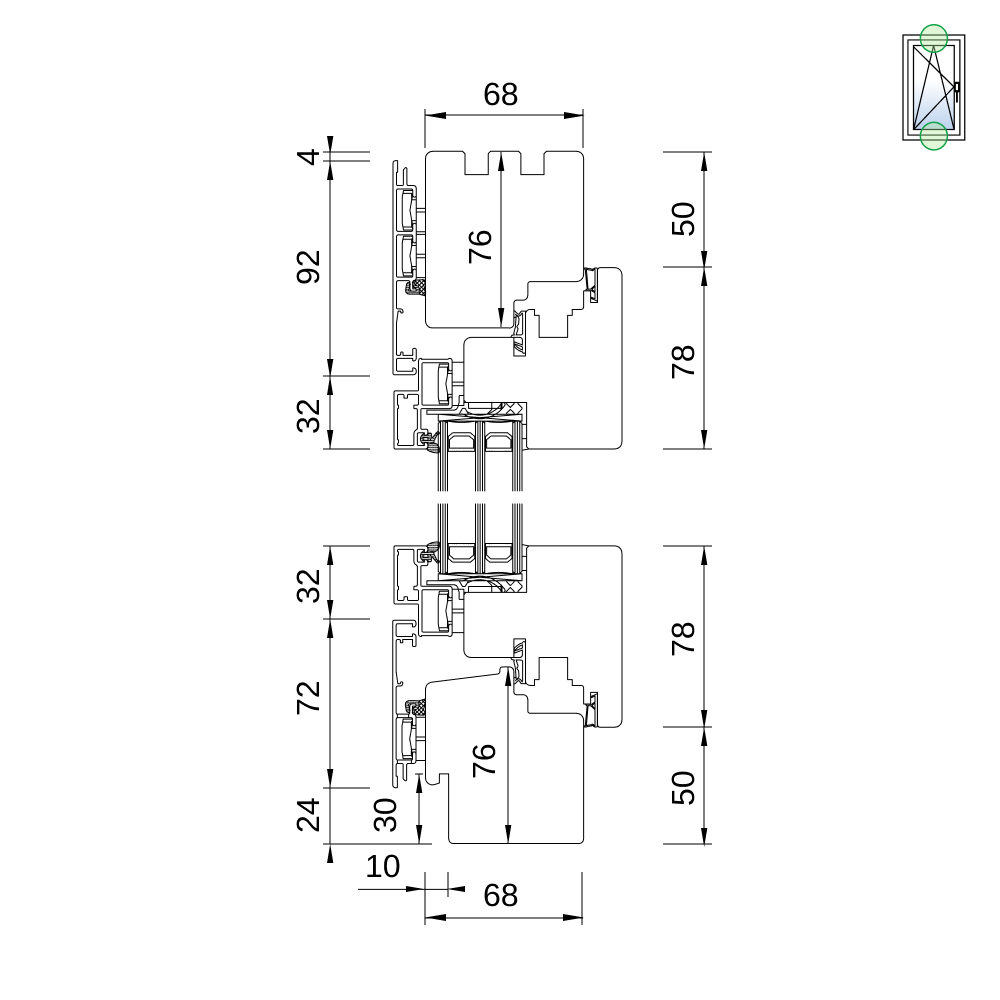 Fenêtre IDEAL Plano 68 – coupe du profilé avec usinage pour appui extérieur Fenêtre IDEAL Plano 68 – coupe du profilé avec usinage pour appui extérieur