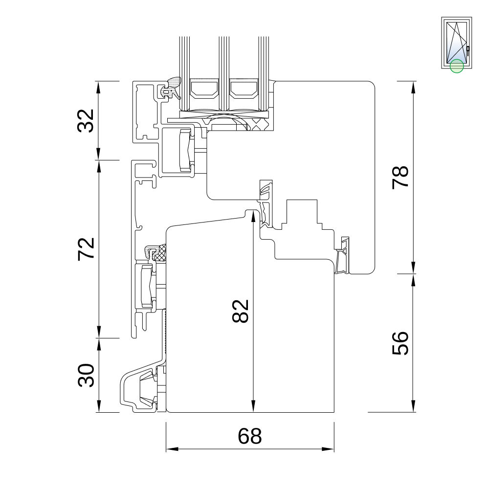 Fenêtre IDEAL Plano 68 – coupe du profilé Fenêtre IDEAL Plano 68 – coupe du profilé