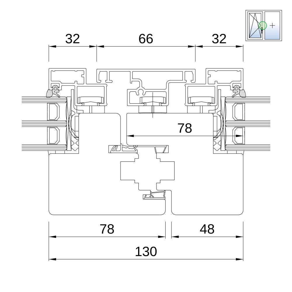 Fenêtre IDEAL Plano 68 – détail du battement, coupe du profilé Fenêtre IDEAL Plano 68 – détail du battement, coupe du profilé