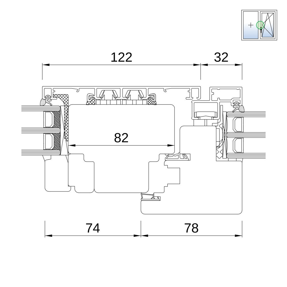 Fenêtre IDEAL Plano 68 – vitrage fixe avec ouvrant, coupe du profilé Fenêtre IDEAL Plano 68 – vitrage fixe avec ouvrant, coupe du profilé