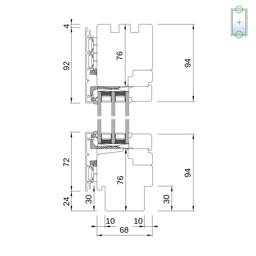 Fenêtre IDEAL Plano 68 – vitrage fixe avec usinage pour appuis intérieur et extérieur, coupe du profilé Fenêtre IDEAL Plano 68 – vitrage fixe avec usinage pour appuis intérieur et extérieur, coupe du profilé