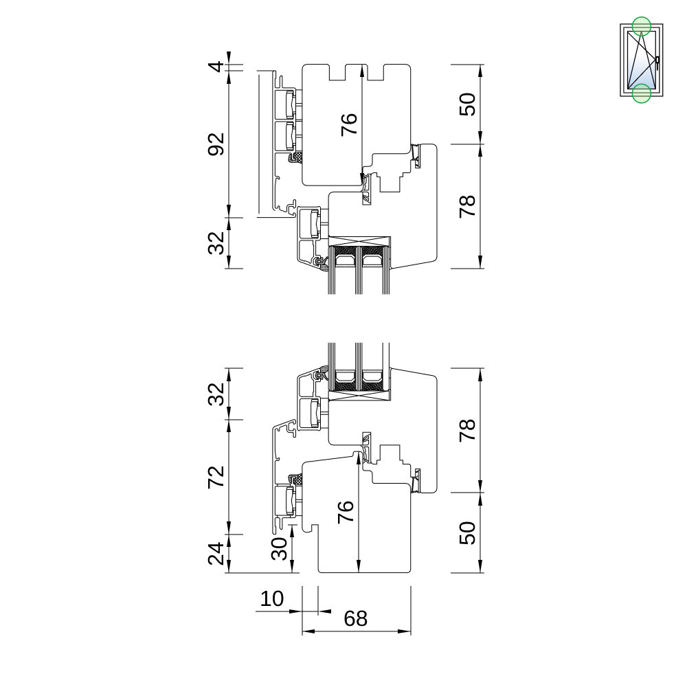 Fenêtre IDEALU Classicline IV 68 – coupe du profil avec usinage pour appui extérieur Fenêtre IDEALU Classicline IV 68 – coupe du profil avec usinage pour appui extérieur
