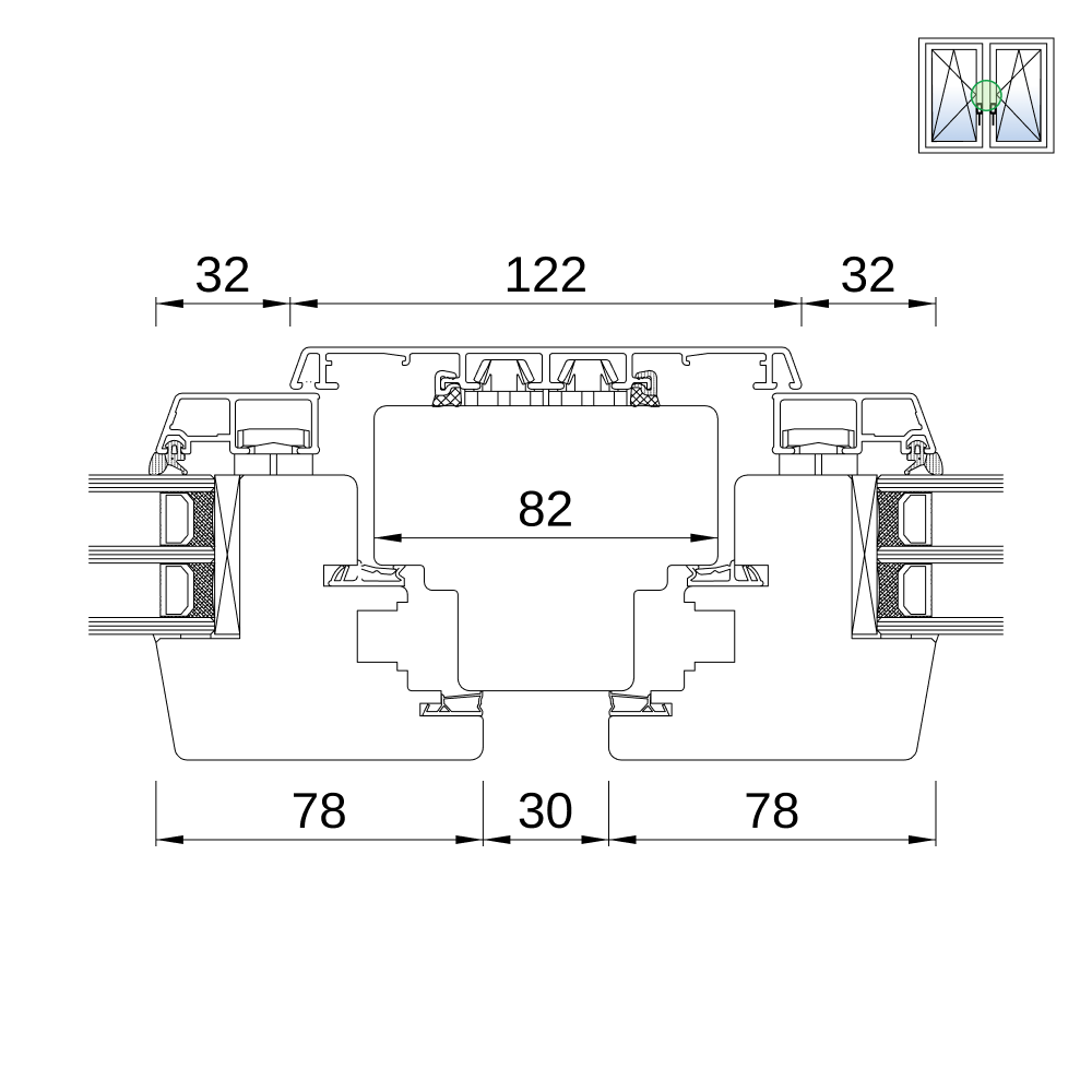Fenêtre IDEALU Classicline IV 68 – détail du montant central Fenêtre IDEALU Classicline IV 68 – détail du montant central