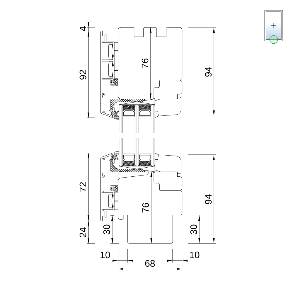 Fenêtre IDEALU Classicline IV 68 – vitrage fixe avec usinage pour appuis intérieur et extérieur, coupe du profilé Fenêtre IDEALU Classicline IV 68 – vitrage fixe avec usinage pour appuis intérieur et extérieur, coupe du profilé
