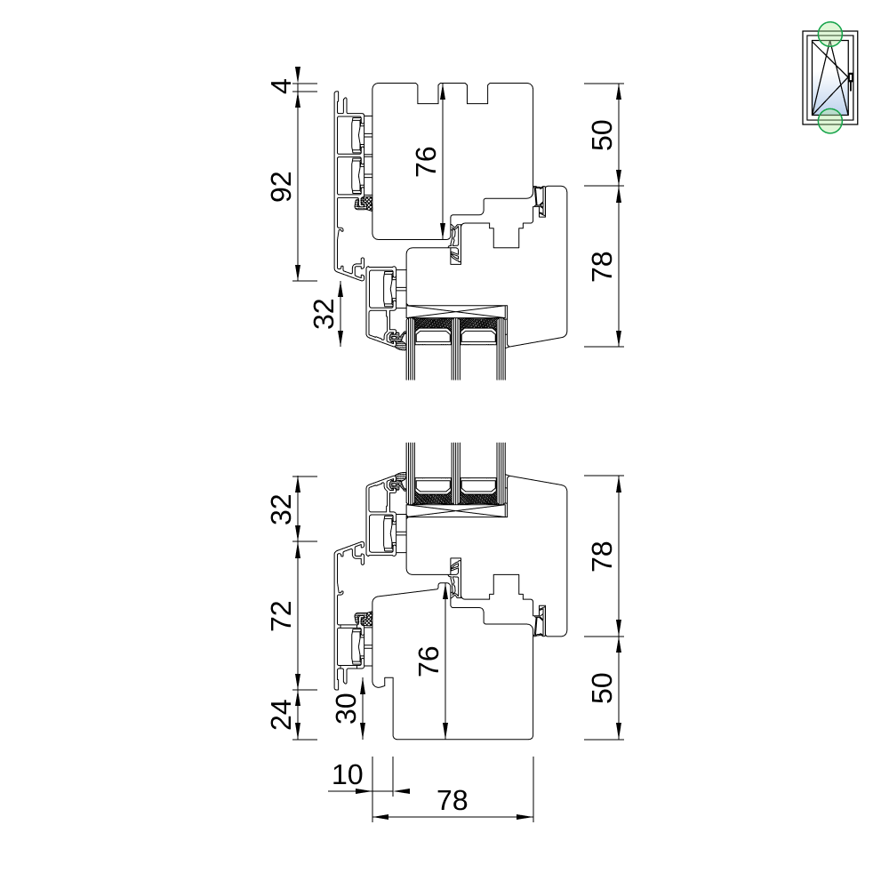 Fenêtre IDEALU Classicline IV 78 – coupe du profilé avec usinage pour appui extérieur Fenêtre IDEALU Classicline IV 78 – coupe du profilé avec usinage pour appui extérieur