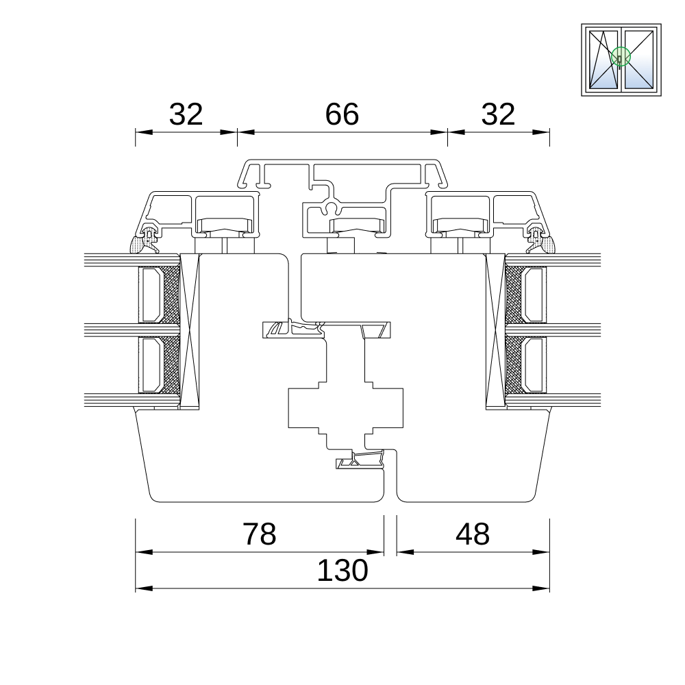 Fenêtre IDEALU Classicline IV 78 – détail du battement, coupe du profilé Fenêtre IDEALU Classicline IV 78 – détail du battement, coupe du profilé