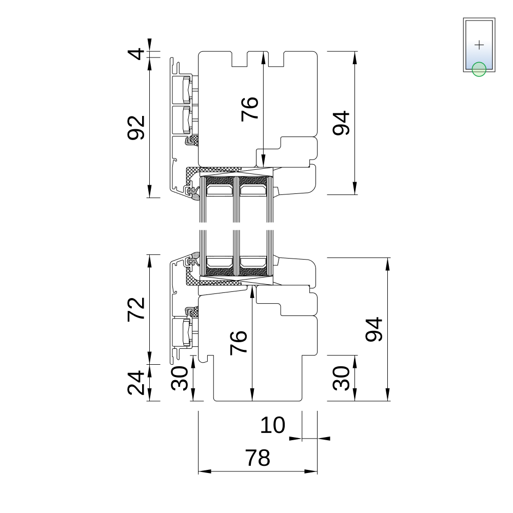 Fenêtre IDEALU Classicline IV 78 – vitrage fixe avec usinage pour appuis intérieur et extérieur, coupe du profilé Fenêtre IDEALU Classicline IV 78 – vitrage fixe avec usinage pour appuis intérieur et extérieur, coupe du profilé