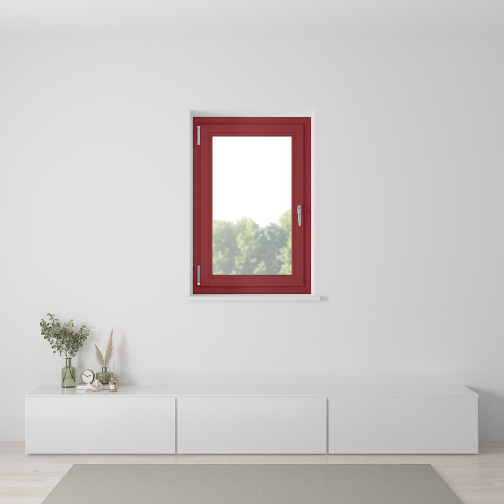Fenêtre rouge, 800 x 1200 mm, oscillo-battant ouvrant gauche, vue intérieure