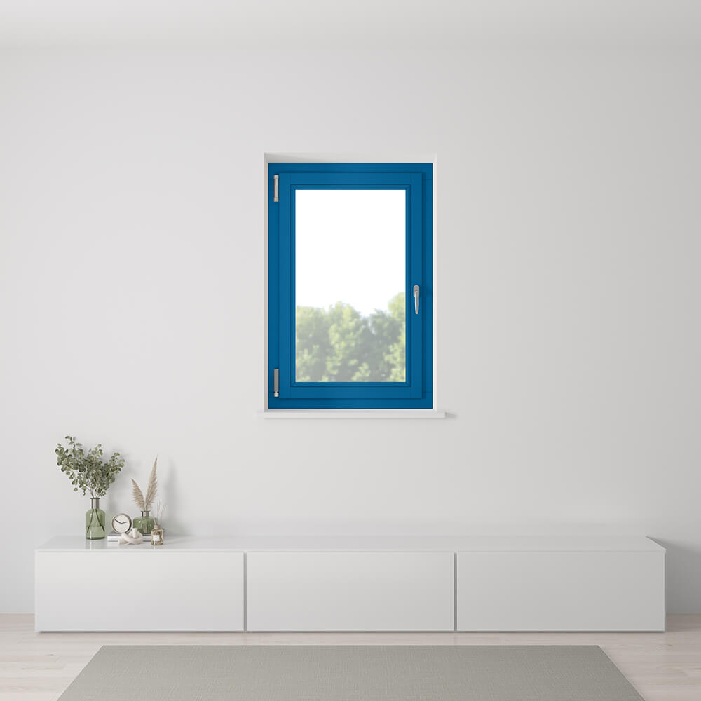 Fenêtre bleue, 800 x 1200 mm, oscillo-battant ouvrant gauche, vue intérieure