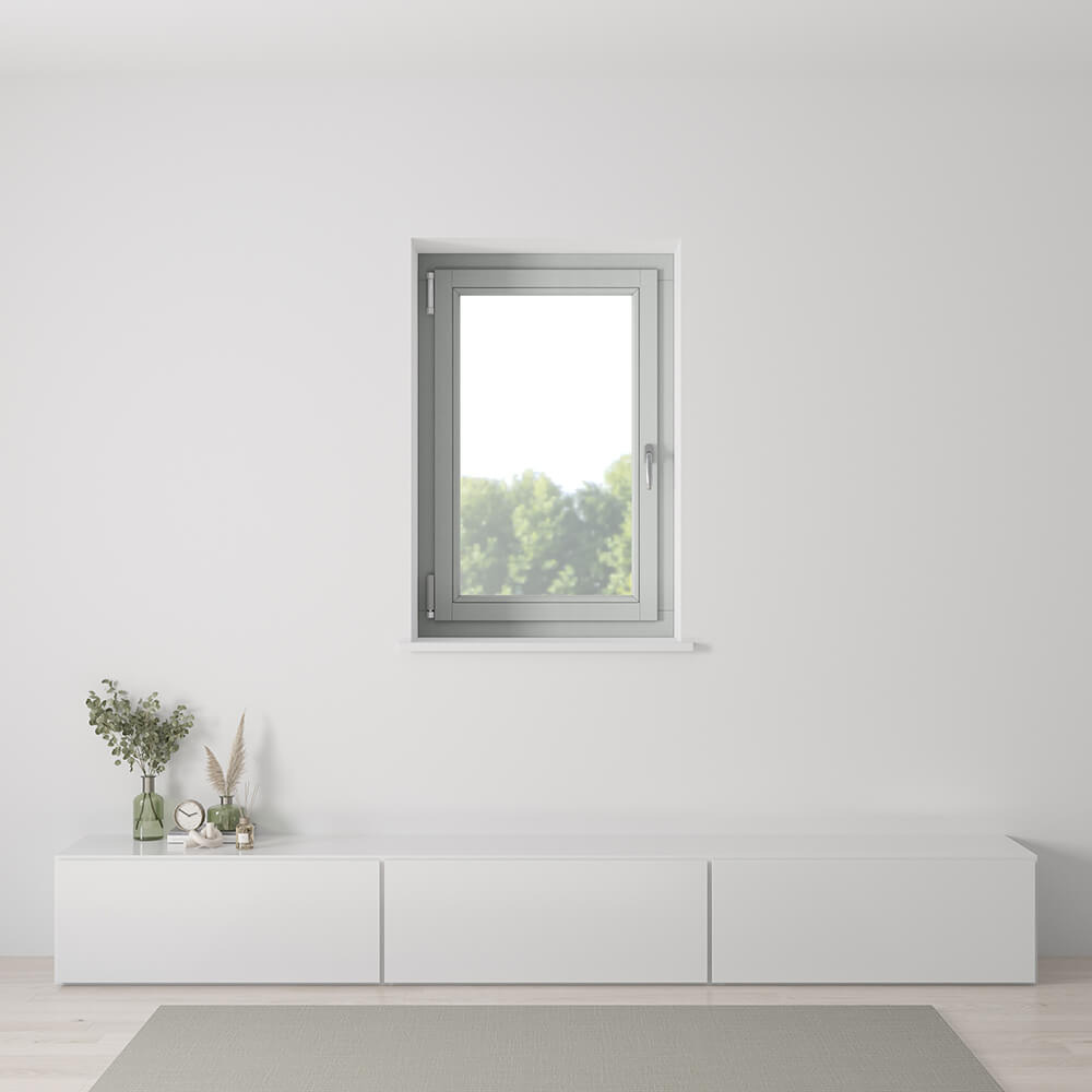 Fenêtre gris clair, 800 x 1200 mm, oscillo-battant ouvrant gauche, vue intérieure