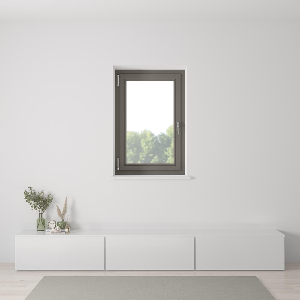Fenêtre grise, 800 x 1200 mm, oscillo-battant ouvrant gauche, vue intérieure