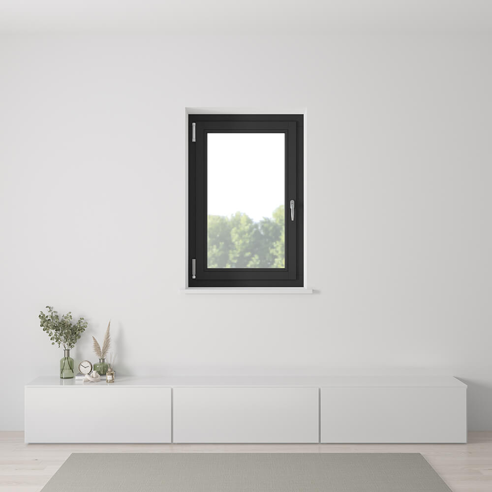 Fenêtre noire, 800 x 1200 mm, oscillo-battant ouvrant gauche, vue intérieure