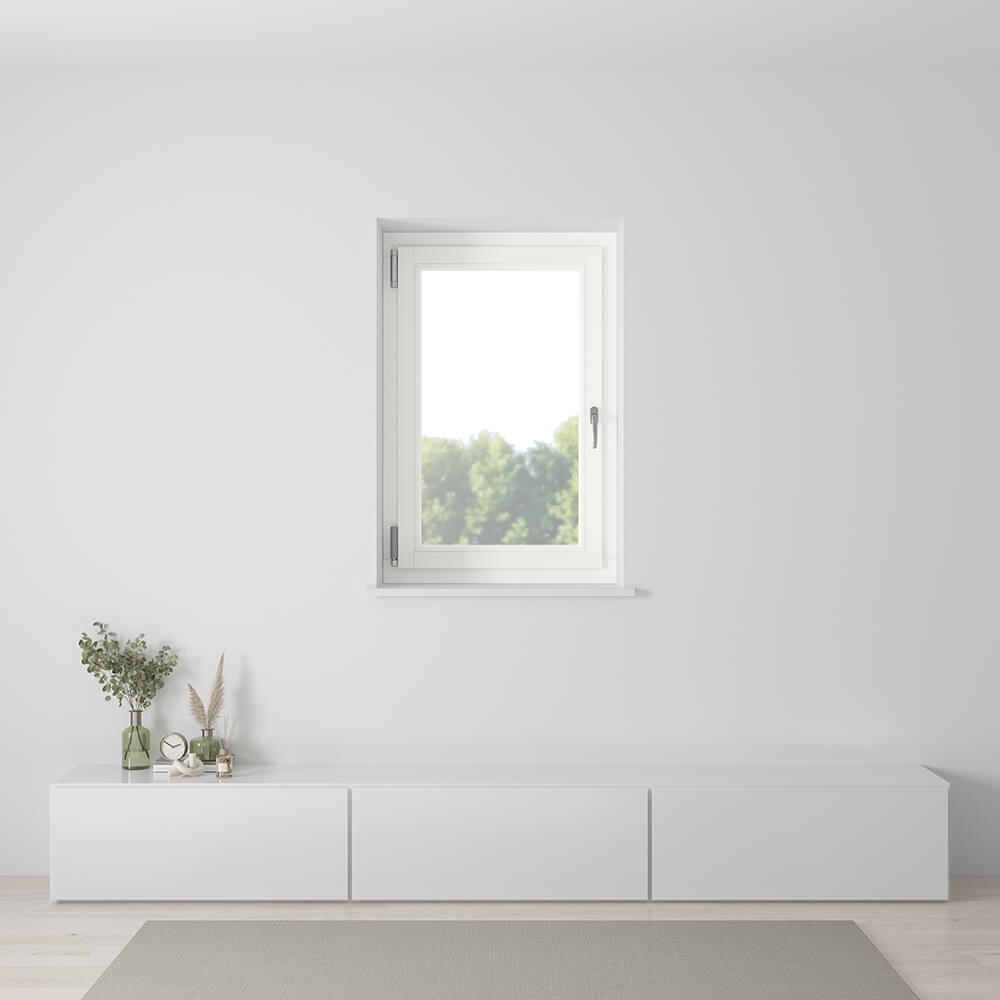 Fenêtre blanche, 800 x 1200 mm, oscillo-battant ouvrant gauche, vue intérieure