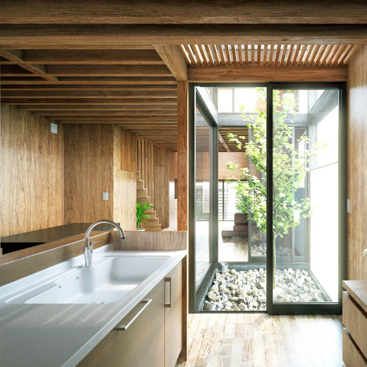 Fenêtre panoramique cuisine moderne