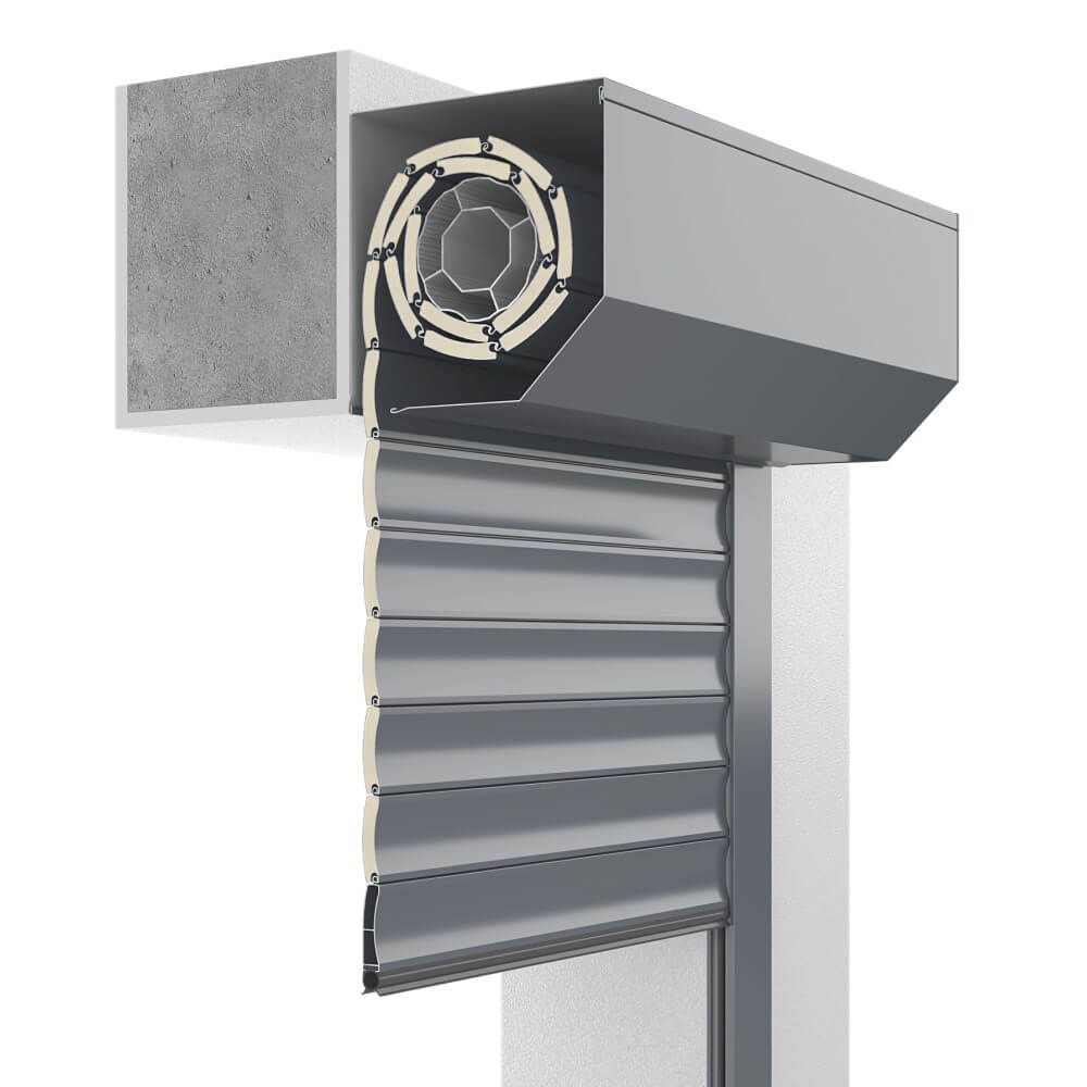 Vue de profil du caisson de la porte enroulable Comfort