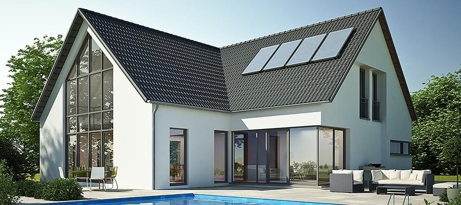 Maison avec toit et menuiseries en aluminium gris